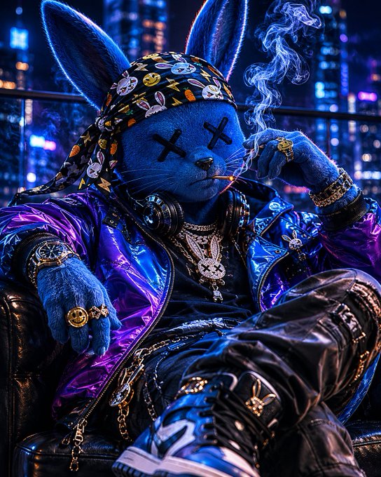 The image features a blue rabbit wearing a bandana, jacket, and smoking a cigarette while sitting on a chair. The background shows a city skyline at night with neon lights illuminating the scene. The caption of the image reads "Good morning, Web3. Happy New Month to @ZARGATES @EnergyWabbits @IThinkItsArt @AbsurdArtApes".