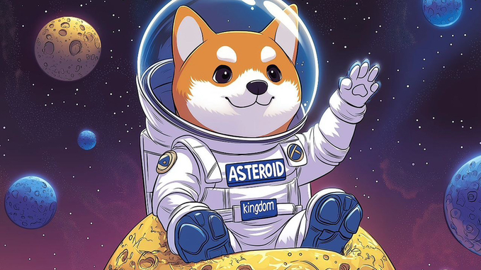 A cartoon illustration of a Shiba Inu dog wearing an astronaut suit, waving from a small moon or asteroid, with 'ASTEROID' and 'kingdom' labels on its suit.