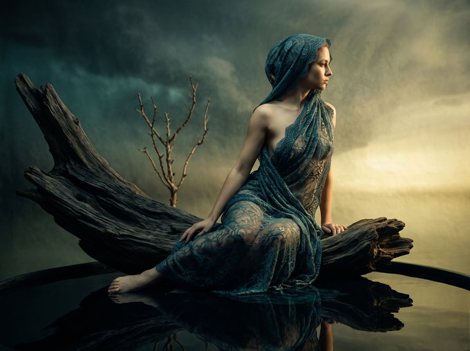 Surreal digital artwork of a woman in a flowing blue lace dress sitting on a dark driftwood branch above reflective water, with a moody sky in the background.