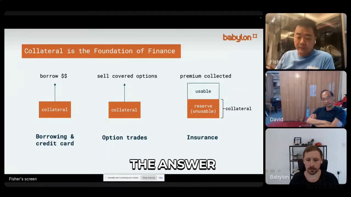 The image shows a presentation slide with three men sitting behind a computer screen displaying a diagram of Bitcoin's value as a form of collateral for financial transactions. The first man is seated at the top left corner, while the second man sits at the bottom right corner, and the third man is located in the middle of the screen. The image also includes text that reads "collateral is the foundation of finance", which suggests that Bitcoin's value as a form of collateral can be considered an essential aspect of financial transactions.