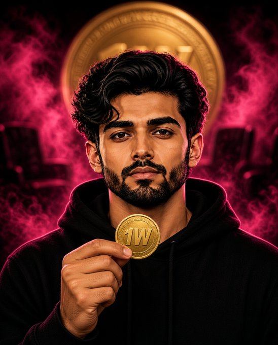 A stylized digital portrait of a bearded man in a black hoodie holding a gold coin marked '1W' in front of a large gold cryptocurrency emblem with pink smoke effects.