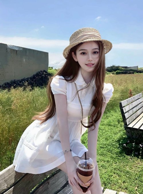 A young woman with long wavy brown hair, wearing a straw hat and a white dress, holding an iced coffee while sitting on a wooden bench outdoors.