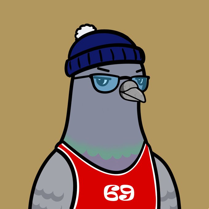 A cartoon pigeon wearing a blue beanie, sunglasses, and a red basketball jersey with the number 69.