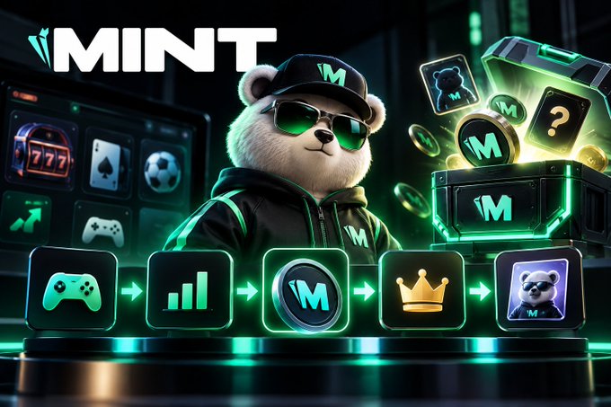 A promotional graphic for "MINT" displays a cool bear character wearing sunglasses and a cap, surrounded by gaming icons and the $MNT token coin.