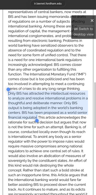 A screenshot from ir.lawweb.fordham.edu displays a Fordham law article discussing the Bank for International Settlements (BIS) and international banking regulation, with a specific passage highlighted in blue that reads: "Only BIS has attracted the intellectual resources to analyze and resolve international problems in a thoughtful and deliberate manner. Only BIS output is being adopted in the world's banking centers." The highlighted text directly supports the post's claim about BIS's unique role in addressing international banking challenges.
