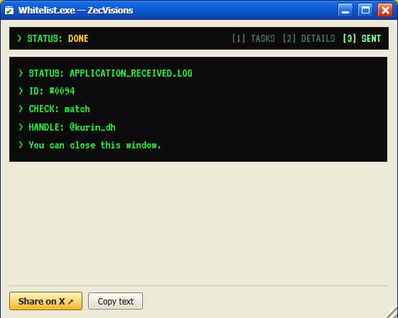 A terminal window titled "Whitelist.exe — ZecVisions" shows a completed application status with ID #0094 and handle @kurin_dh, confirming a successful whitelist application matching the user's post about applying for the ZecVisions whitelist as applicant #0094.