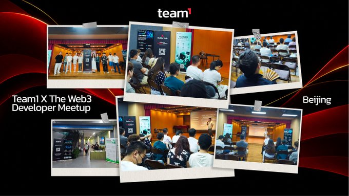 A collage of photos from a 'Team1 X The Web3 Developer Meetup' event in Beijing, showing groups of people attending presentations.