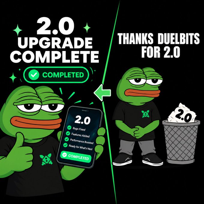 A meme graphic featuring Pepe the Frog characters announcing a '2.0 UPGRADE COMPLETE' with a checklist of completed items, thanking 'DuelBits'.