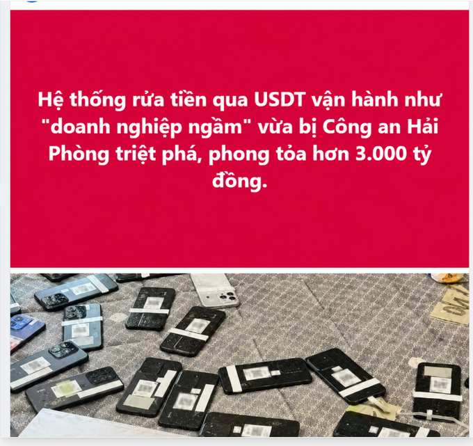 A Vietnamese news graphic with a red background announces a money-laundering operation via USDT frozen by Hai Phong police, freezing over 3,000 billion VND, shown above a photo of confiscated phones.