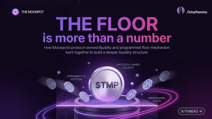 An X-thread promotional graphic for The Moonpot explaining 'THE FLOOR is more than a number,' highlighting protocol-owned liquidity and programmed floor mechanisms with $TMP token imagery.