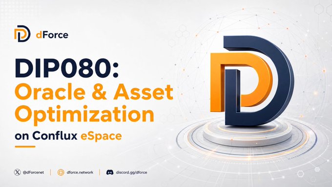 A promotional banner for dForce announcing 'DIP080: Oracle & Asset Optimization on Conflux eSpace' with a large stylized 'D' logo.