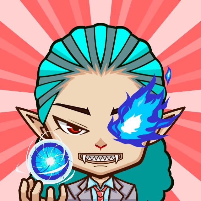 Chibi-style anime character with teal hair, red eyes, fangs, and a blue flame emerging from one eye, holding a glowing blue orb against a pink sunburst background.