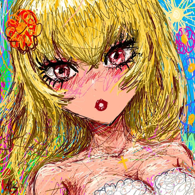 A colorful, sketchy anime-style digital illustration of a blonde girl with large expressive pink eyes, blushing cheeks, and an open mouth expression, with a flower accessory in her hair.