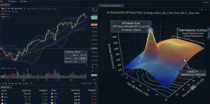 A Bloomberg terminal displays a candlestick chart of the S&P 500 (S&P) with a Moving Average strategy showing optimal parameters (Fast MA 18, Slow MA 38), alongside a 3D surface plot titled "3D Parameter Optimization: Strategy Alpha_MA_Cross (Fast MA vs. Slow MA)" that visualizes return drawdown scores across different MA period combinations, highlighting an "OPTIMUM PEAK" and "PERFORMANCE PLATEAU" region. The image illustrates the post's point about overfitting, showing that a single peak in parameter optimization can mask a broader zone of stable, profitable settings that may better reflect a strategy's true robustness.
