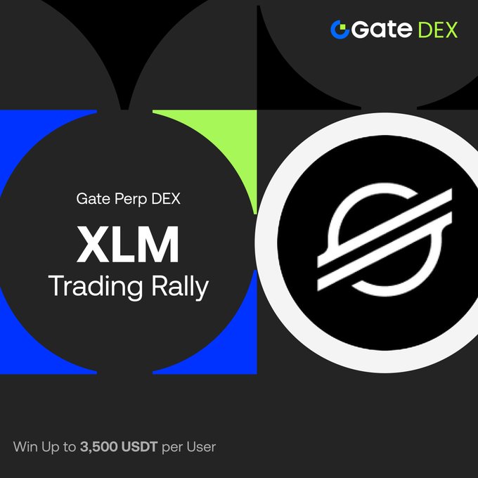 The image features a large advertisement for an online trading platform, XLM, with a round logo displayed prominently at the top left corner. The text in the center of the photo reads "XLM Trading Rally" which highlights the event being advertised. The bottom part of the image shows a black background, and a white circle with a white line through it is located to the right side, indicating a winner is up to 3,500 USDT per user.