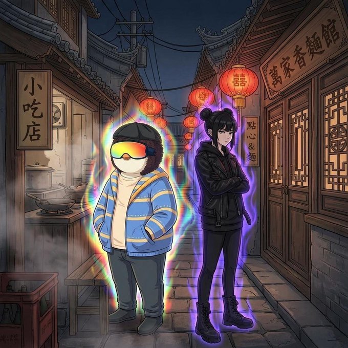 An illustration of two characters standing in a traditional Chinese alleyway lit by red lanterns. One character wears a blue and yellow jacket with ski goggles and has a colorful aura, while the other wears a black leather jacket and has a purple aura. Chinese signs read "小吃店" (snack shop) and "萬家香麵館" (Wanjiaxiang noodle shop).
