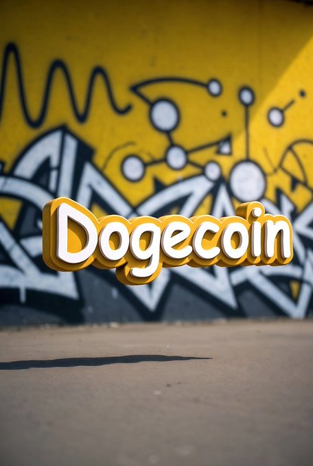 A 3D-rendered golden 'Dogecoin' logo floats in front of a yellow graffiti wall featuring abstract black and white street art.