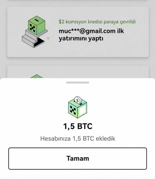 The image shows a Turkish OKX exchange promotion screen displaying a $2 commission credit conversion and a user's first deposit notification, followed by a pop-up confirmation that 1.5 BTC has been added to the account—referencing the disputed OKX event where a Turkish user allegedly won 1.5 BTC only to have the exchange report a "system error" and block him when he contested their reduced payout offer.