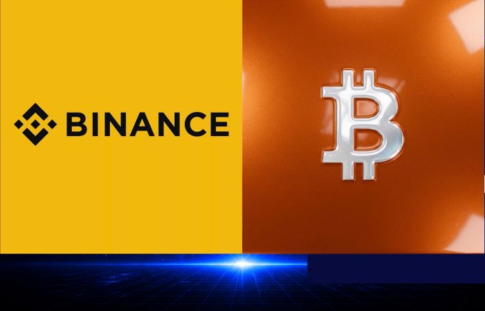 Promotional graphic featuring the Binance logo on a yellow background next to a silver Bitcoin symbol on an orange background.