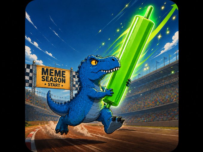 A cartoonish blue dinosaur holding a glowing green candlestick chart with an upward arrow, running on a race track with a 'MEME SEASON START' banner in the background.