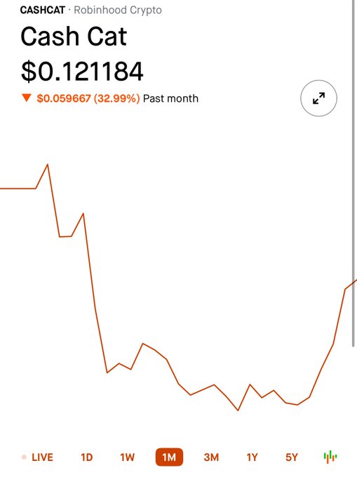 A Robinhood Crypto chart for Cash Cat (CASHCAT) shows a current price of $0.121184, with the 1-month view displaying a notable downtrend despite a recent uptick, aligning with the post's claim that the token is down 32.99% ($0.059667) over the past month.