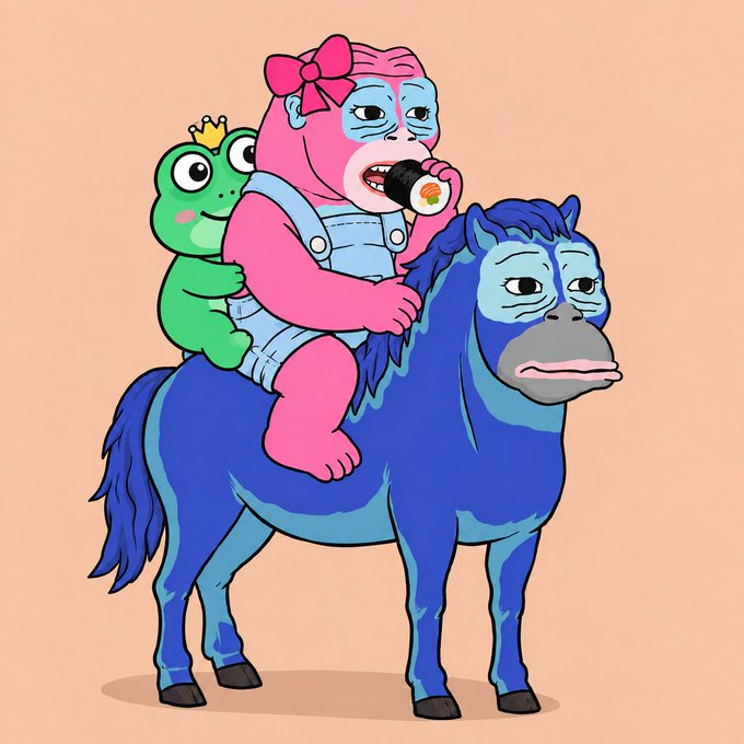 A whimsical cartoon illustration of a pink humanoid figure with a bow riding a blue horse, holding a green frog with a crown and a small burger-shaped microphone.