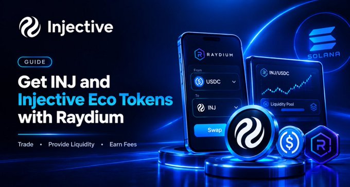 A crypto promotional banner from Injective titled "Get INJ and Injective Eco Tokens with Raydium," showing phone and tablet mockups of a token swap interface alongside Injective, Solana, and Raydium logos.