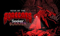 A pixelated promo for the game "Rise of the Dragons: Seeker of Summer" featuring red silhouetted figures against a dark dungeon, used as a humorous meme to rally players past a 9000 milestone.