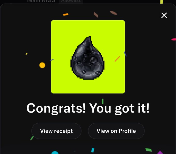 A celebratory pop-up displays "Congrats! You got it!" featuring a pixelated oil drop on a bright green background, with options to "View receipt" or "View on Profile." The image confirms the successful minting of "The Oil Rigs" NFT by @TheSaudisNFT, with confetti effects emphasizing the exciting moment of acquiring the collectible.