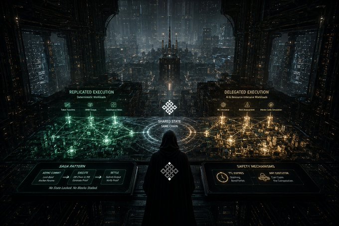 The image shows an AI game with two different options displayed, one of which is a black figure wearing a cape standing in front of a cityscape. The caption explains that there are two ways to execute the game, each with its own set of challenges and requirements. One option involves replicating execution models from previous games, while the other requires creating an off-chain system for trust assumptions. The AI game is designed to be played by humans who can choose between these two options based on their preferences or the specific requirements of the game they are playing at that moment.