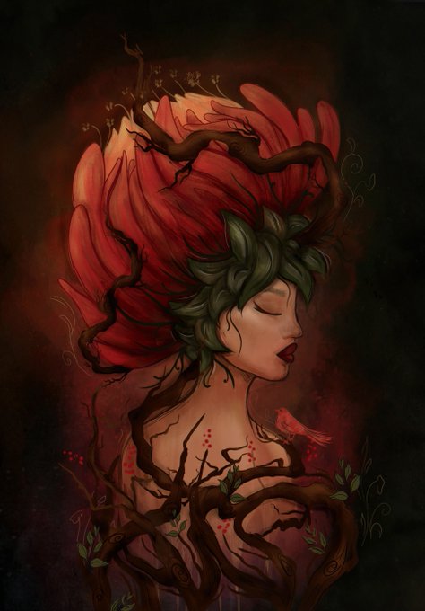 A dark fantasy digital illustration of a woman with green hair and closed eyes, whose headpiece is a large red flower intertwined with thorny brown vines, with a small red bird perched on a branch.