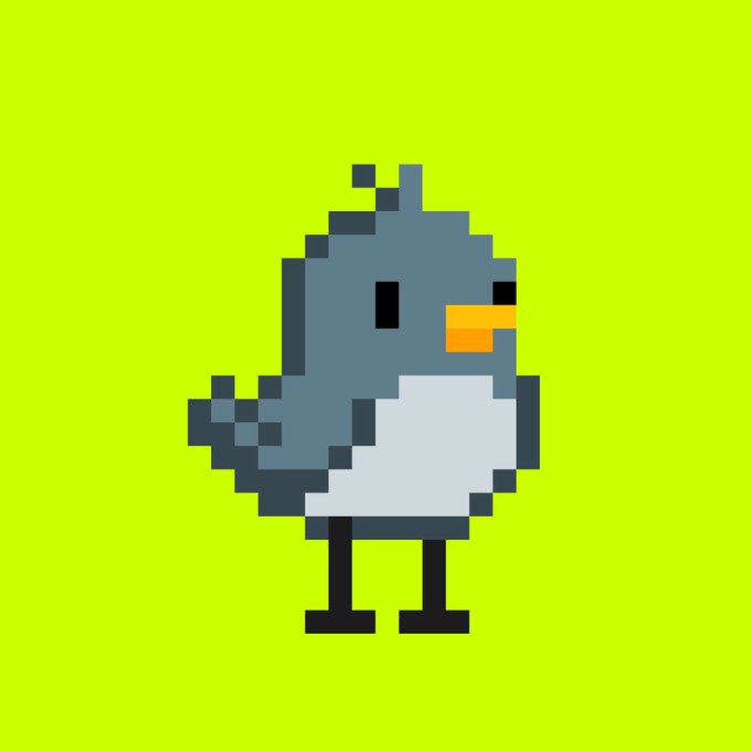 A pixel art bird mascot with a gray and white body, orange beak, and black legs stands against a bright yellow-green background, representing the Birdhood NFT project featured in the staking announcement.