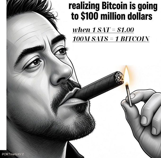 A black and white illustrated portrait of a man with a goatee lighting a cigar, featuring text that reads 'realizing Bitcoin is going to $100 million dollars when 1 SAT = $1.00 100M SATS = 1 BITCOIN' and 'PORTmetaXYZ'.