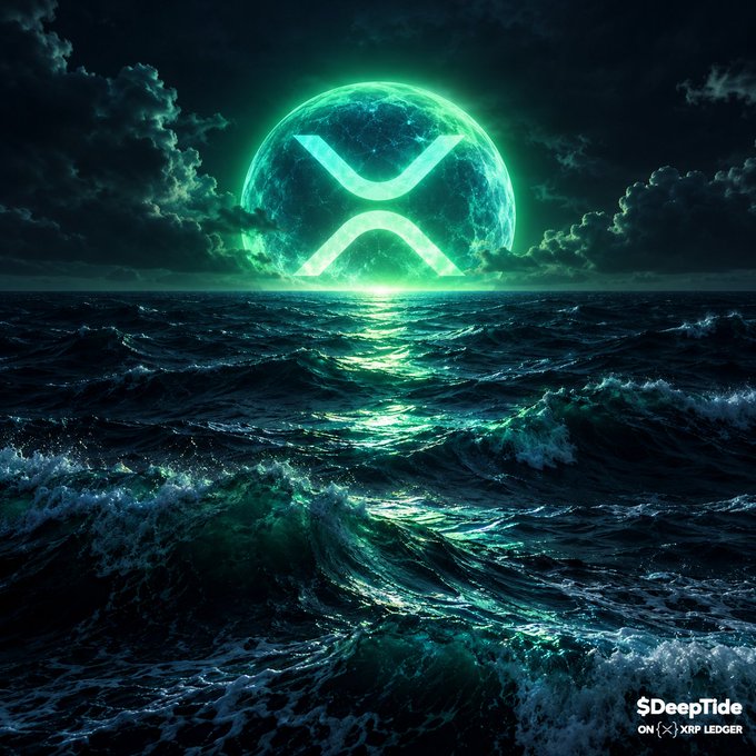 An artistic digital image featuring a glowing green XRP (XRP Ledger) logo set against a full moon, with dark ocean waves below and '$DeepTide' watermark in the corner.
