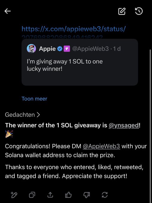 A screenshot of a tweet from verified user @AppieWeb3 announcing "I'm giving away 1 SOL to one lucky winner!" alongside a confirmation post declaring @ynsaged as the winner of the 1 SOL giveaway, with instructions to DM the wallet address to claim the prize.