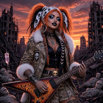 A digital illustration of a punk-styled woman with orange pigtails, dramatic makeup, and a skull jacket playing an electric guitar against a post-apocalyptic ruined cityscape at sunset.