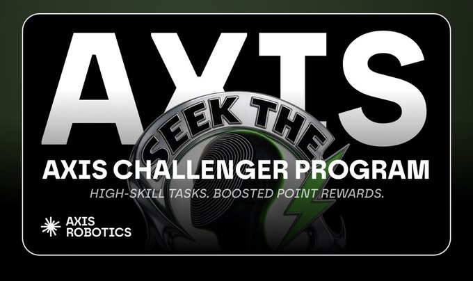 A promotional graphic features the text 'AXTS AXIS CHALLENGER PROGRAM' and 'SEEK THE' over a dark background with a metallic badge design, with 'AXIS ROBOTICS' labeled in the bottom left corner.