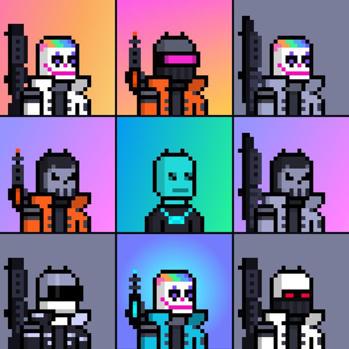 A pixel art grid showing nine variations of futuristic characters or robots with weapons against different gradient backgrounds.