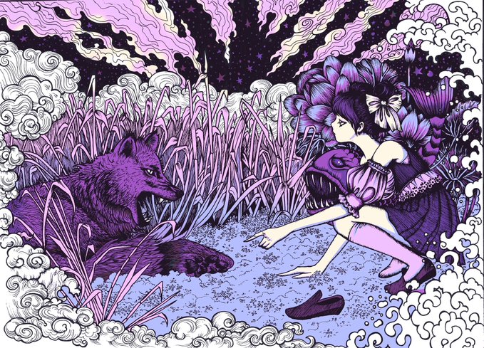 A young woman in a purple dress cautiously reaches out toward a fierce purple wolf in a marshy, otherworldly landscape with swirling clouds and starry skies. The digital artwork, titled "Tundra," fits the Tezos NFT listing with its mystical, fantasy aesthetic rendered in a striking purple and lavender palette.