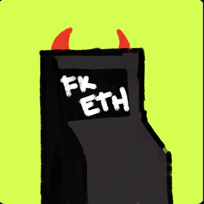 A digital illustration of a black coffin with red devil horns on top and a label reading 'FK ETH' set against a bright green background.