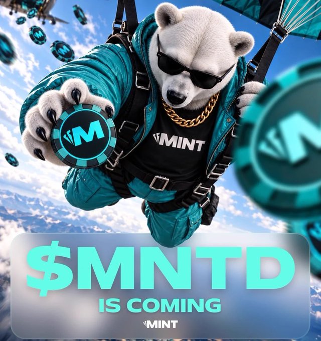 A promotional image for '$MNTD IS COMING' featuring a polar bear wearing sunglasses and a gold chain skydiving while holding a MINT-branded poker chip.