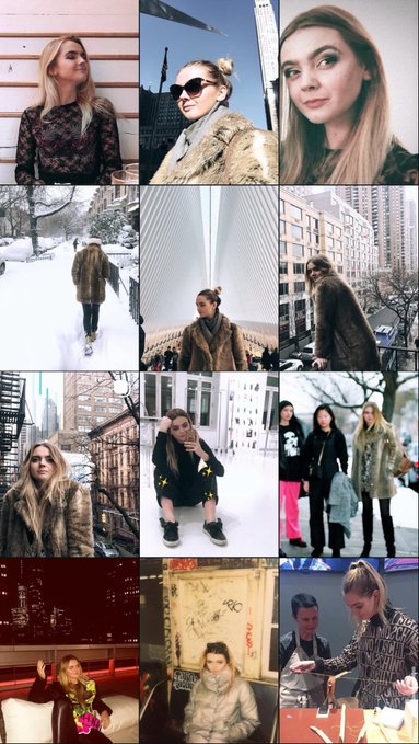 A photo collage featuring multiple images of a blonde woman in various winter outfits, including fur coats and jackets, posing in snowy urban environments.