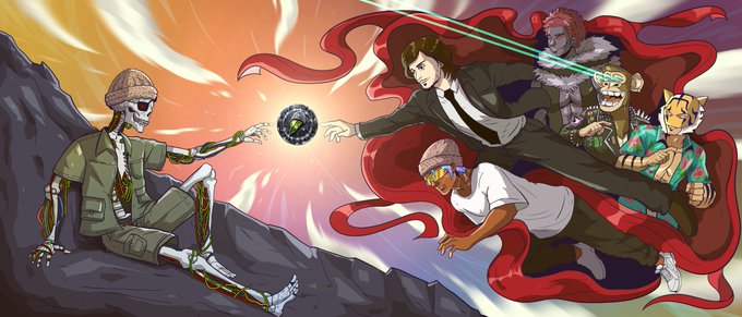 The image depicts a Web3-themed reinterpretation of Michelangelo's "Creation of Adam," where a skeleton in military attire extends a glowing green sphere toward a central figure in a suit, who is surrounded by a flowing red cape and a diverse group of cartoonish characters including a man in a hat, a cat, and a punk-styled figure. The artwork appears to be a creative tribute to the RobinWifHat community, blending classical art with modern crypto and NFT culture.
