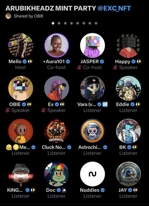 This is a screenshot from a Twitter Space titled "ARUBIKHEADZ MINT PARTY @EXC.NFT" shared by OBIE, showcasing a grid of 16 participant avatars with roles including Host (Mello), Co-hosts (+Aura101, JASPER), Speakers (Happy, OBIE, Ex), and various Listeners (Vara, Eddie, Me..., Cluck Norris, Astrochimp, BK, KING, Doc, Nuddies, JAY), reflecting the post's description of a community gathering for NFT enthusiasts on the EXC launchpad.