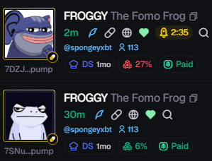 Two meme coin listings showing 'FROGGY The Fomo Frog' tokens with a shark and frog meme avatars, priced at 2m and 30m respectively, alongside the handle @spongeyxbt with 113 followers and paid status indicators.