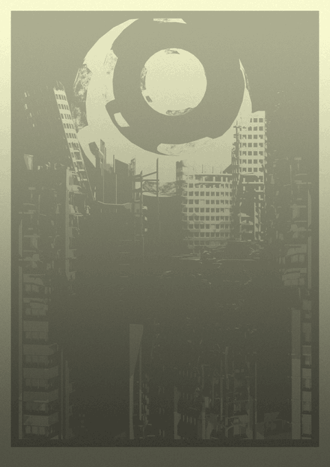 A moody, monochromatic digital artwork depicts a crumbling dystopian cityscape beneath a stylized reptilian eye symbol with a circular pupil, evoking surveillance and decay. The piece, created by artist Maciej, ties into the "Reptilian with the NV background" theme mentioned in the post, showcasing the dark, urban aesthetic that complements the Passing Lights collection being raffled via erc-6551 War Chest.