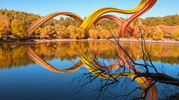 Landscape photo of colorful ribbon-like sculptures (yellow, orange, red) arching over a calm lake, with autumn foliage on the far shore and bare tree branches reflected in the water in the foreground.