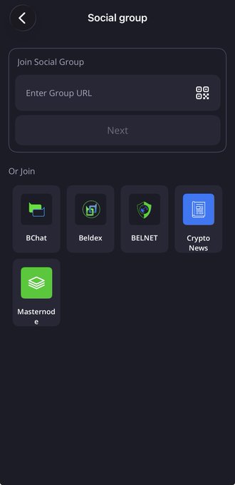 A mobile app screen showing a 'Social group' menu with options to 'Join Social Group' via URL, or select from existing groups: BChat, Beldex, BELNET, Crypto News, and Masternode.