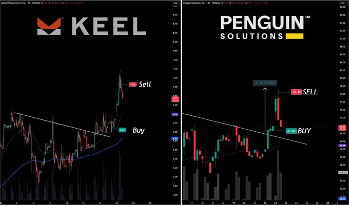 This image shows two stock charts with one labeled "KEEL" (possibly a different company) above another chart labeled "PENGIN" (possibly a single company). The charts are displayed side by side, indicating that they represent two different investments or strategies being considered for trading purposes.