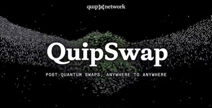 Promotional graphic for QuipSwap by Quip Network, featuring the tagline 'POST-QUANTUM SWAPS, ANYWHERE TO ANYWHERE' on a black pixelated background.